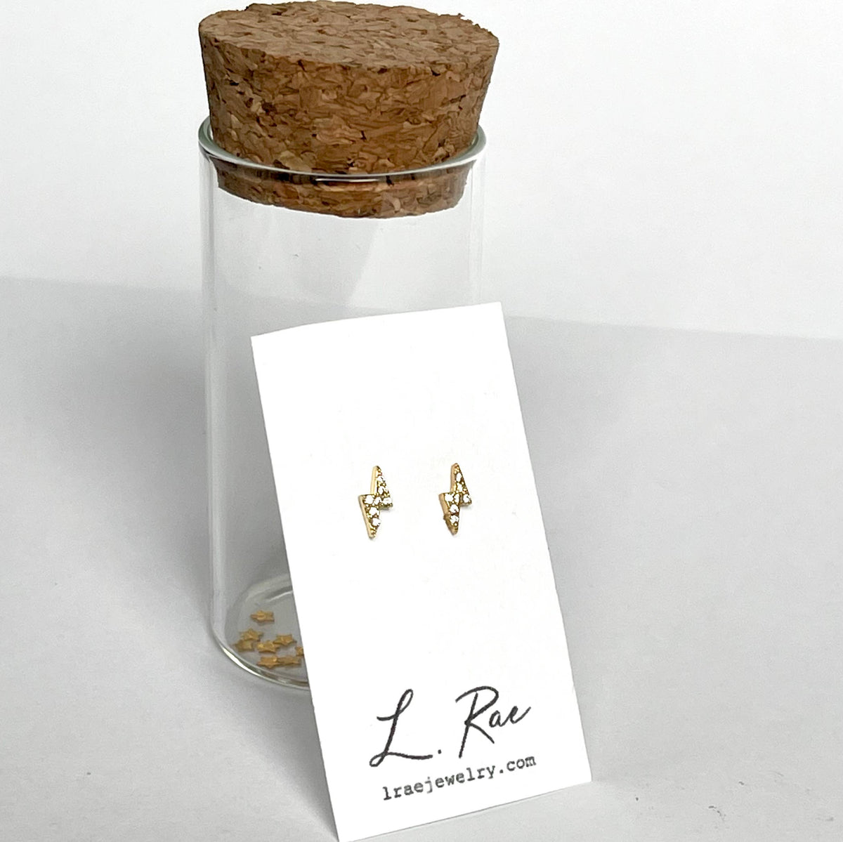 Bolt Lightning Stud Post Earrings in Glass Jar. Gold Pave