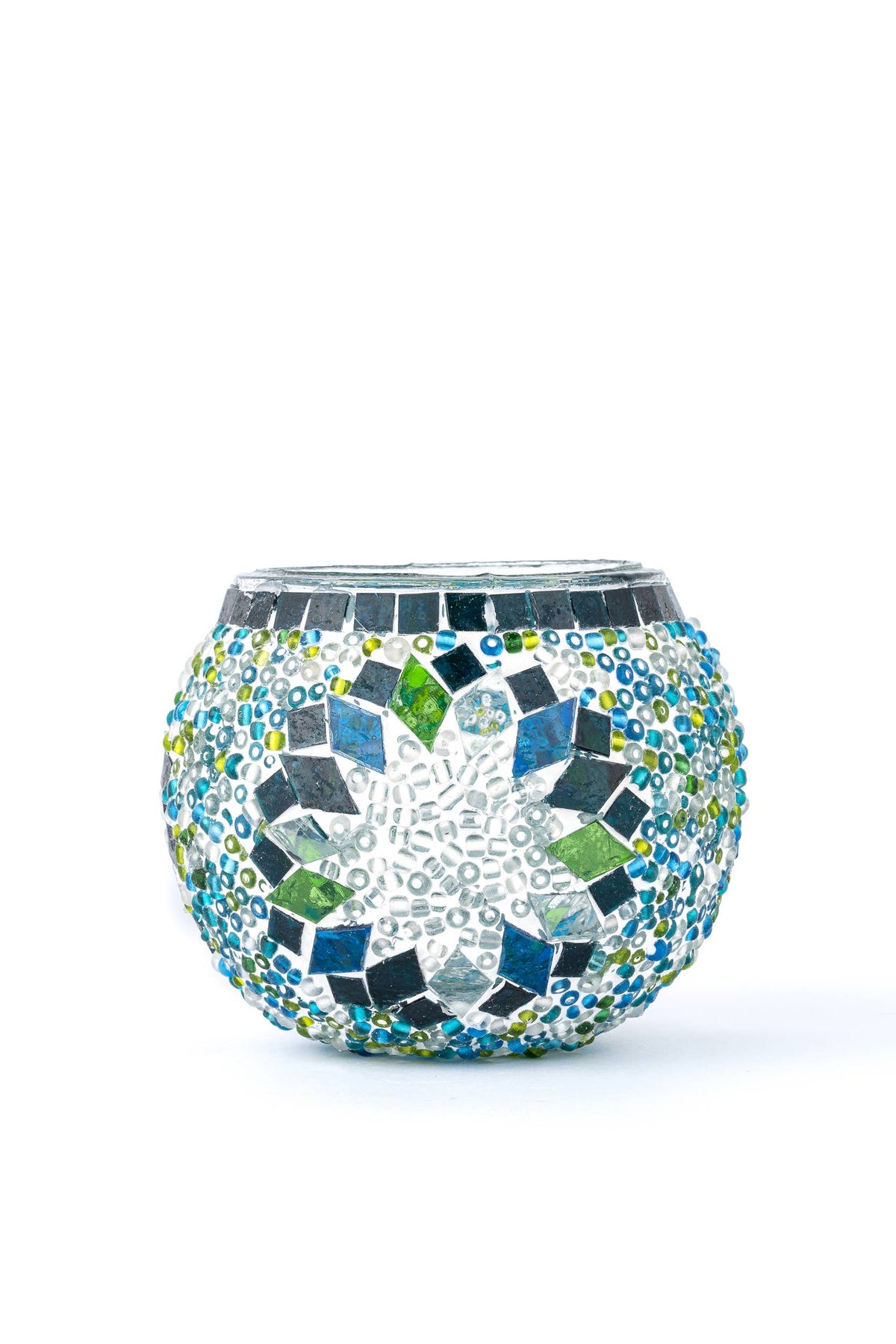 KAFTHAN Large Mosaic Glass Candle Holder: Turquoise Triple Circle