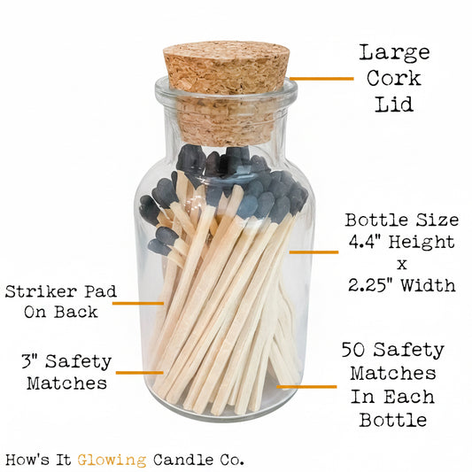 Glass bottle with matches and cork lid, labeled with dimensions and features, against a natural background.