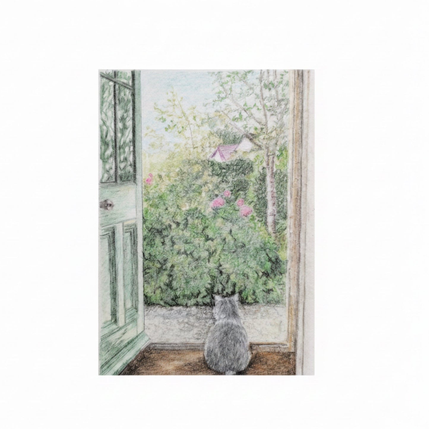 A pastel print of a gray cat sitting on a wooden floor, looking out through an open door into a garden with green bushes and pink flowers.