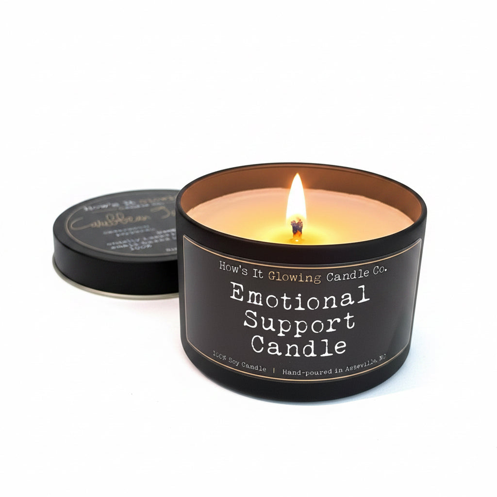Candle labeled 'Emotional Support Candle' with a lit flame, placed on a surface with a plant in the background.