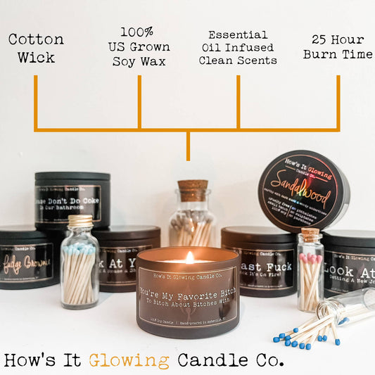 Candles from How's It Glowing Candle Co. with product features listed above them.