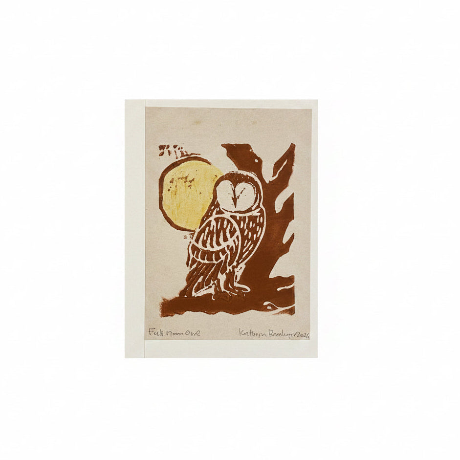 Card, Full Moon Owl, Hand- pulled Lino Cut Block Print, Hand Colored