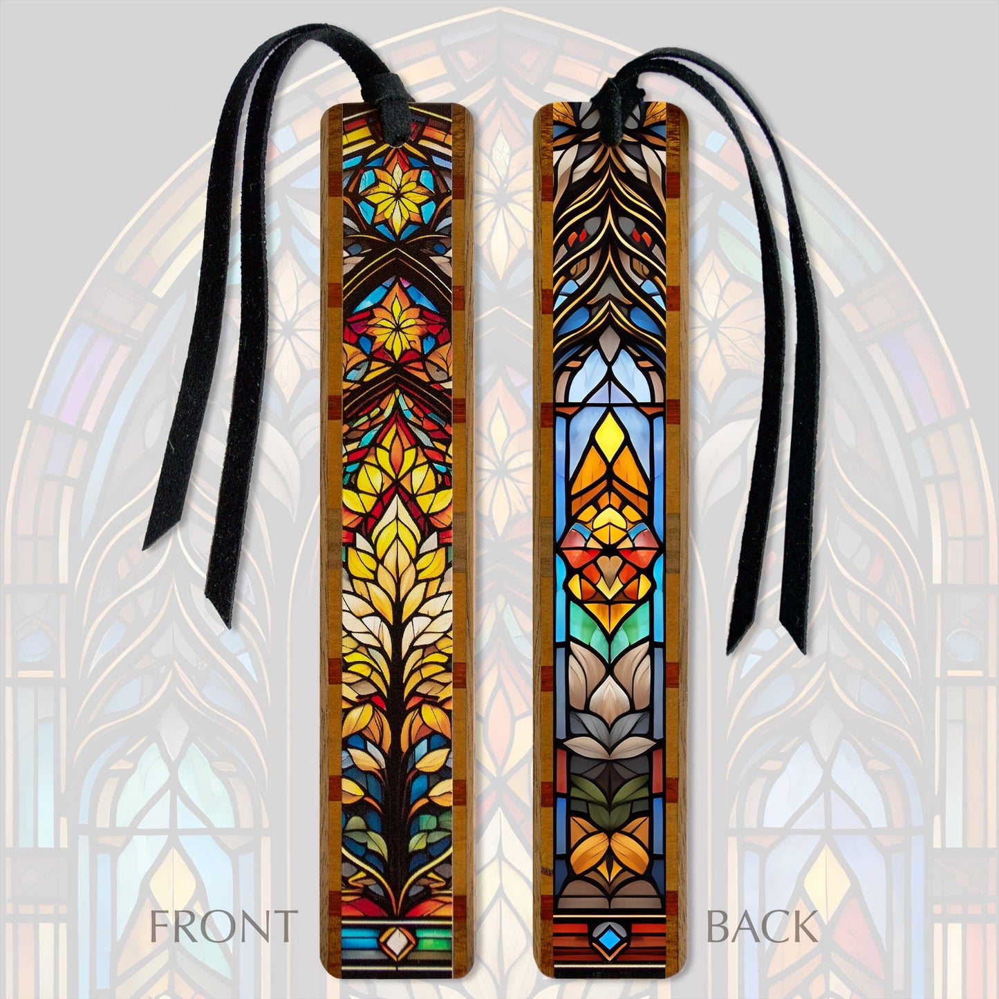 Stained glass-style bookmarks with black ribbons on a decorative background