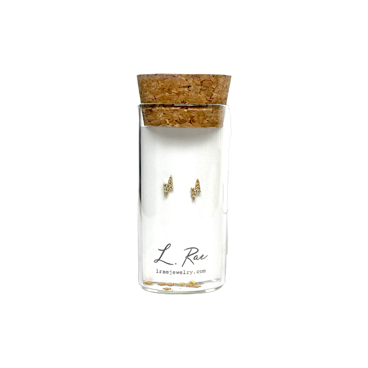 Bolt Lightning Stud Post Earrings in Glass Jar. Gold Pave