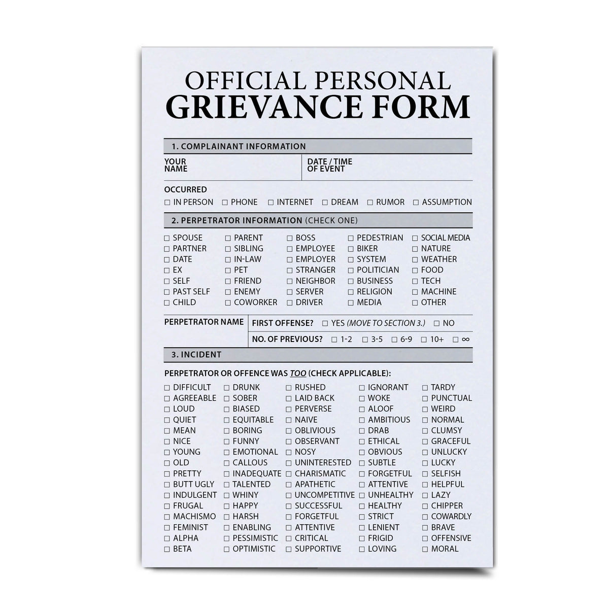 Personal Grievance Form Note Pad, Funny Notepad