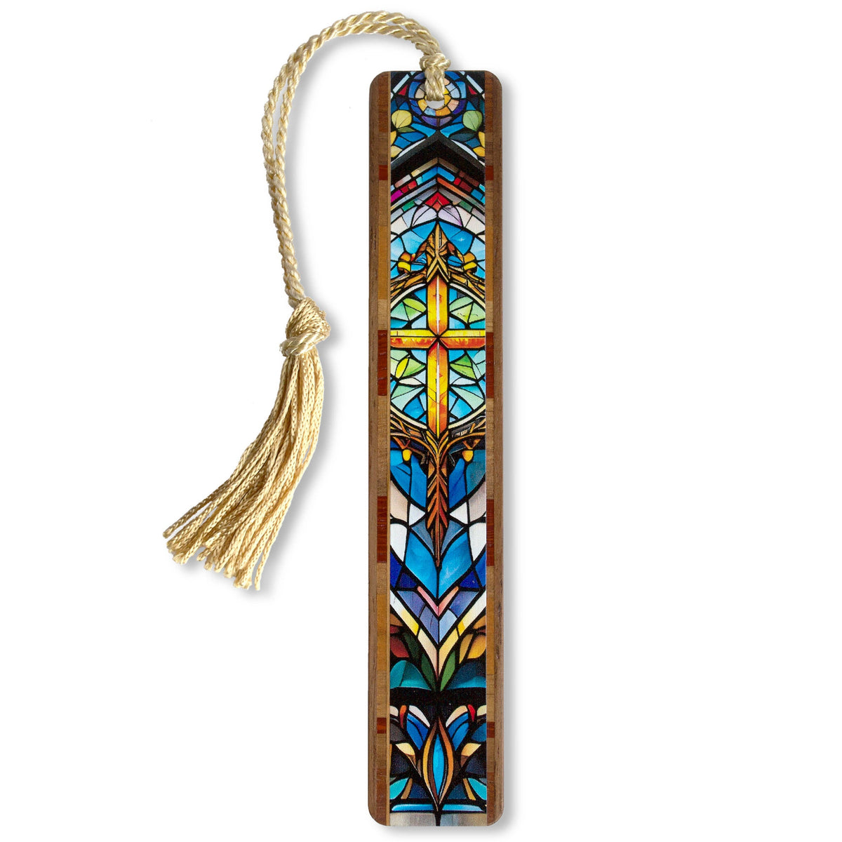 Decorative bookmark with stained glass cross design and tassel on a white background