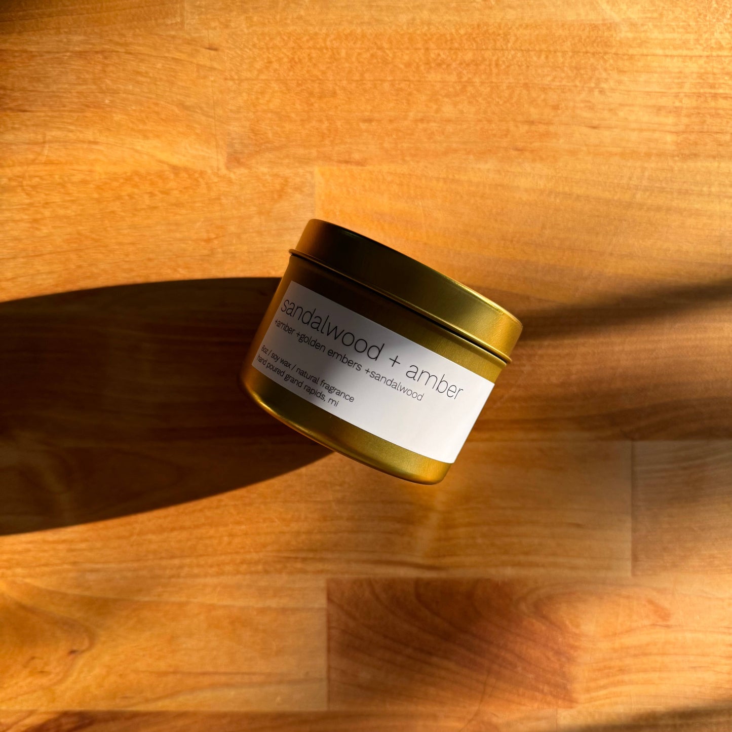 Sandalwood + Amber 6oz Gold Tin Candle