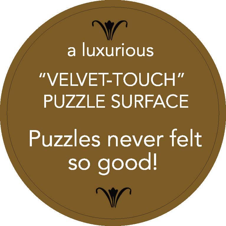 Round brown label with text about a luxurious 'velvet-touch' puzzle surface