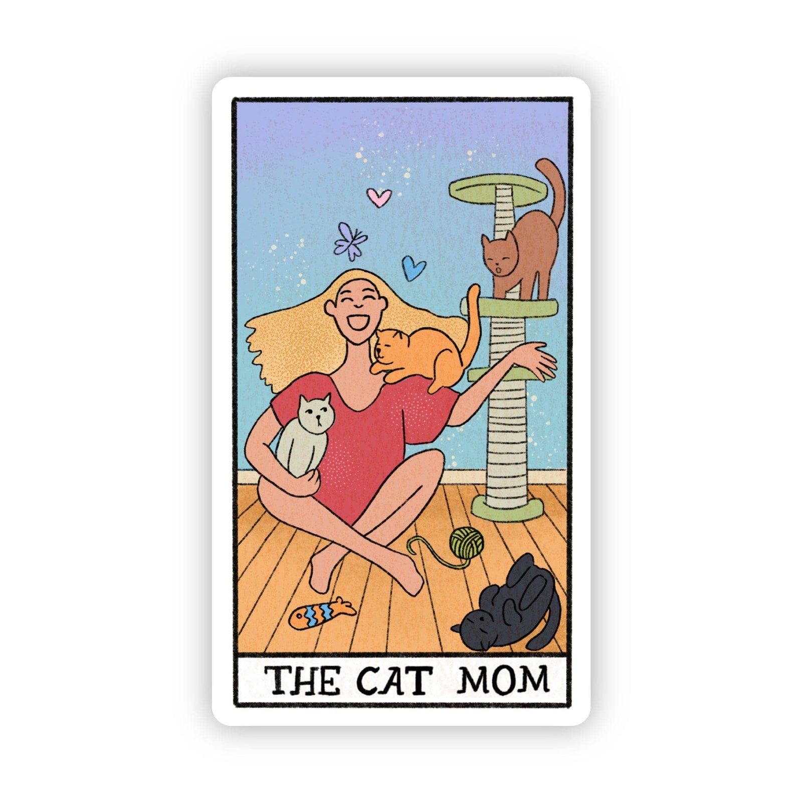 Card titled 'The Cat Mom' held by a hand on a soft white surface.