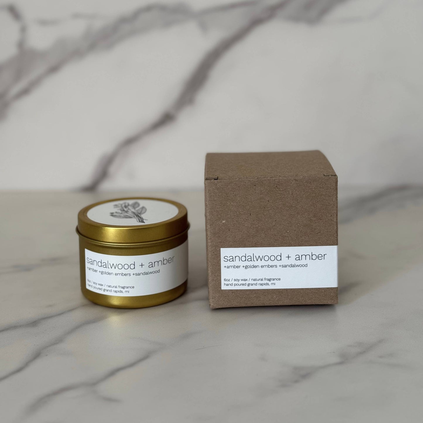 Sandalwood + Amber 6oz Gold Tin Candle