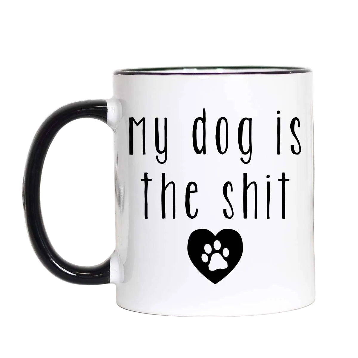 White mug with black text and paw print on a white background
