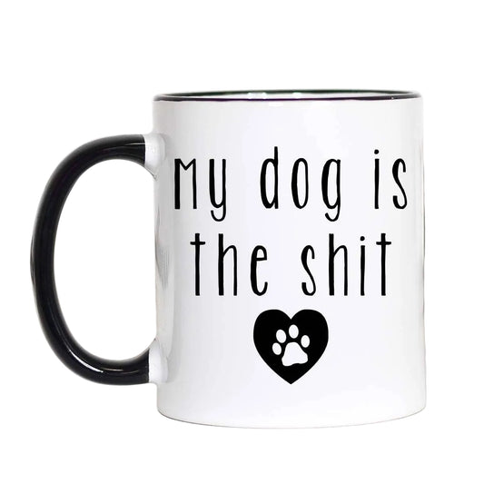 White mug with black text and paw print on a white background