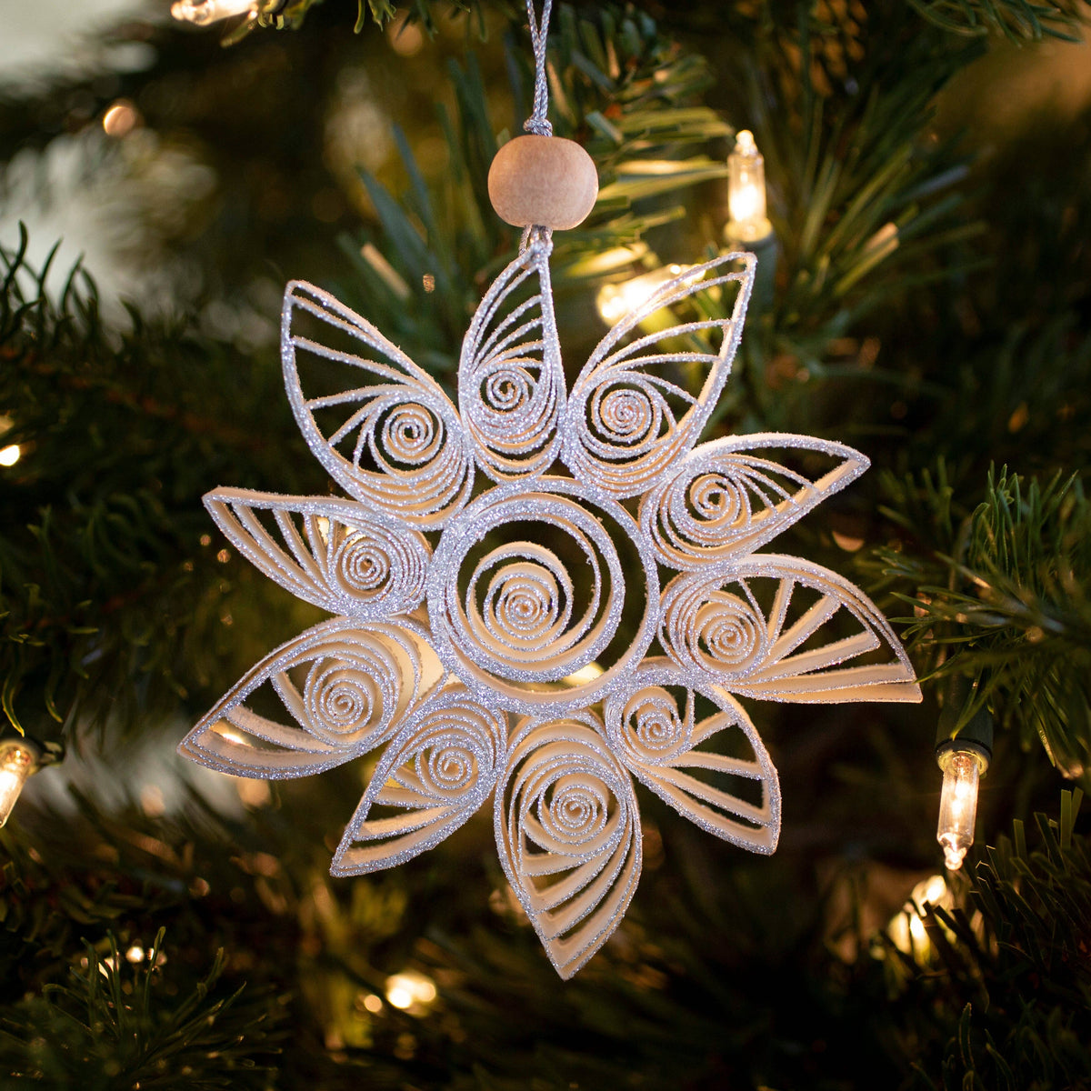 Quilling Snowflake "Aubin"  white with silver glitter - 4 inch Ø | Christmas / Winter