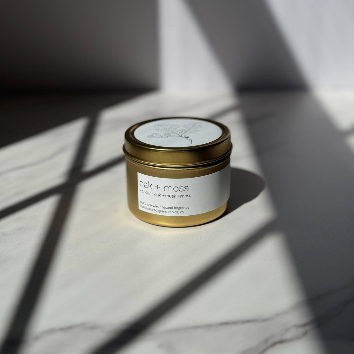 Oak + Moss 6oz Gold Tin Candle