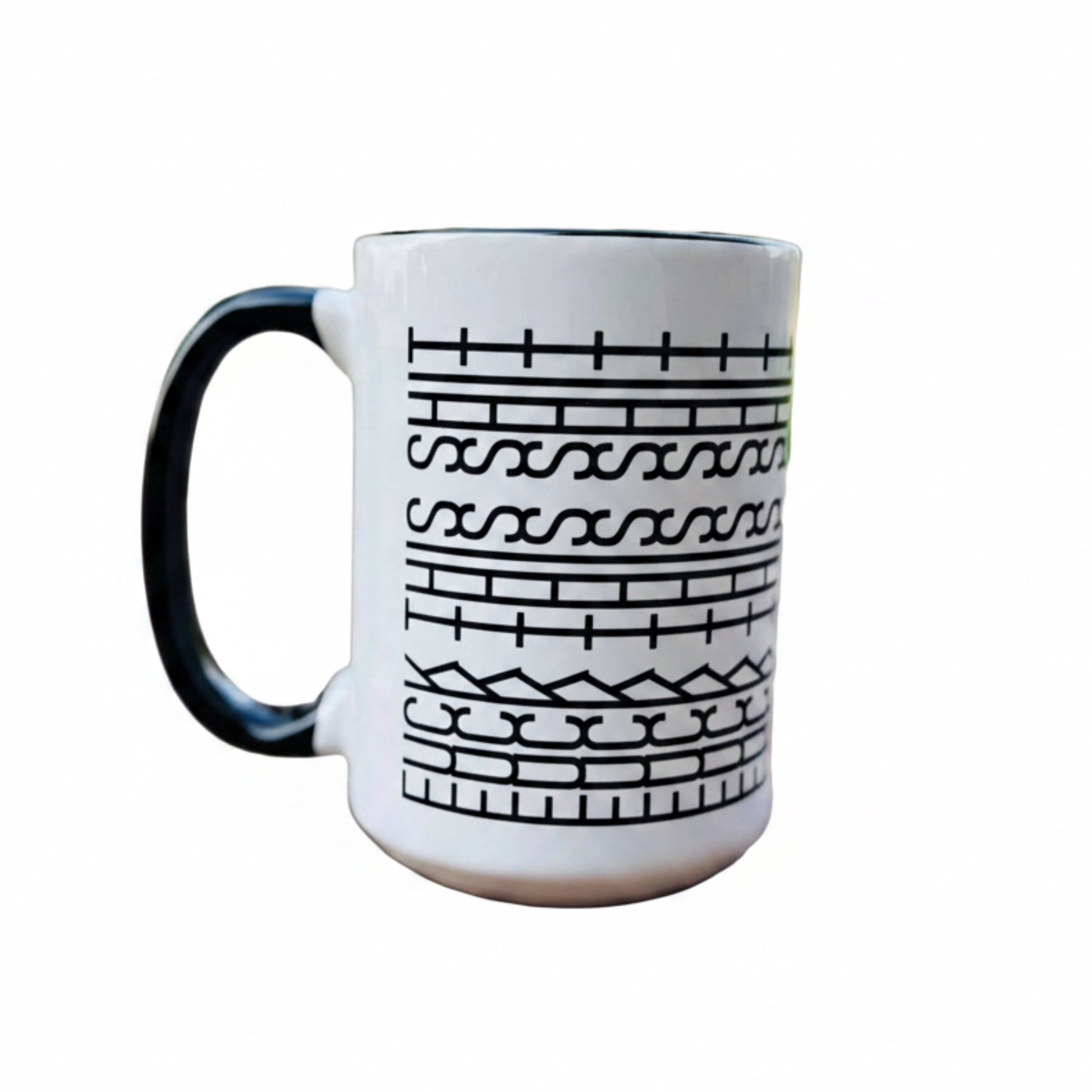 White mug with black handle featuring a geometric pattern on a white background