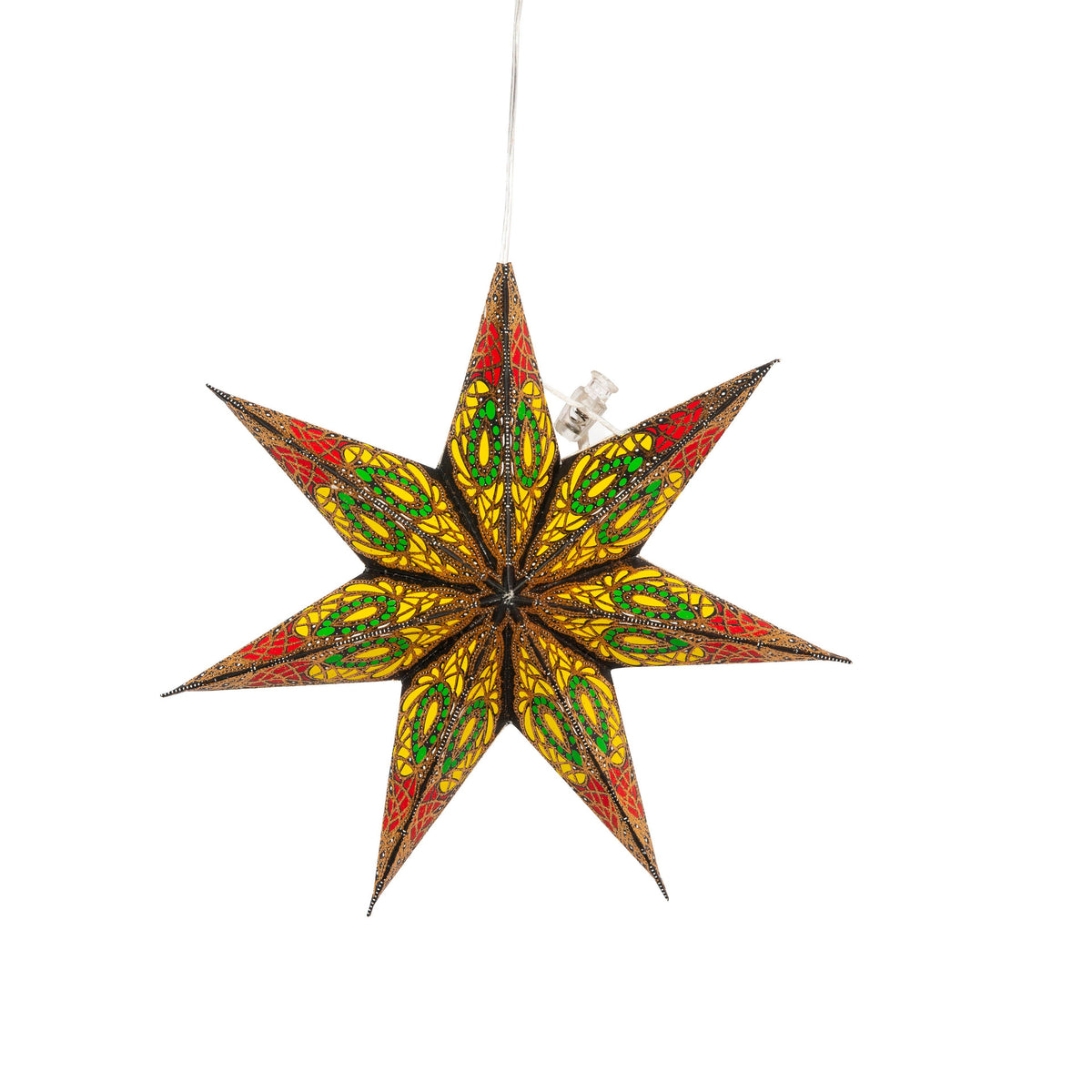 Fe Jama black w/ red / yellow / green Paper Star Lantern Light, - 7 Pointer 8 inch -