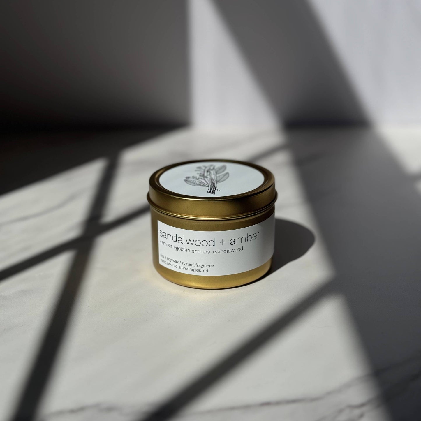 Sandalwood + Amber 6oz Gold Tin Candle