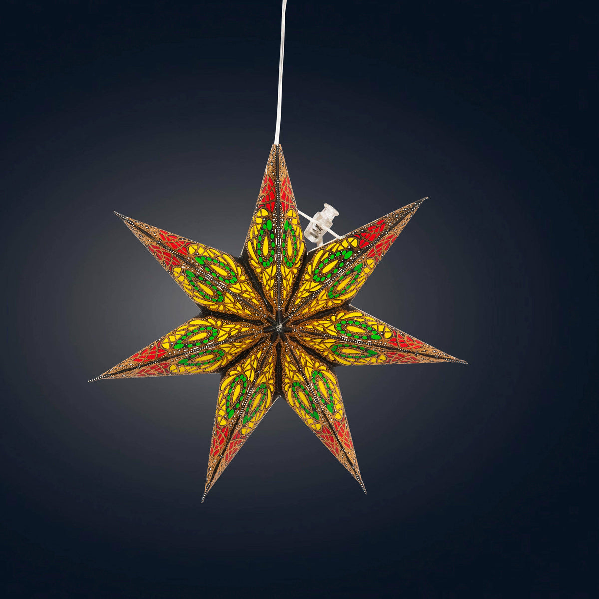 Fe Jama black w/ red / yellow / green Paper Star Lantern Light, - 7 Pointer 8 inch -