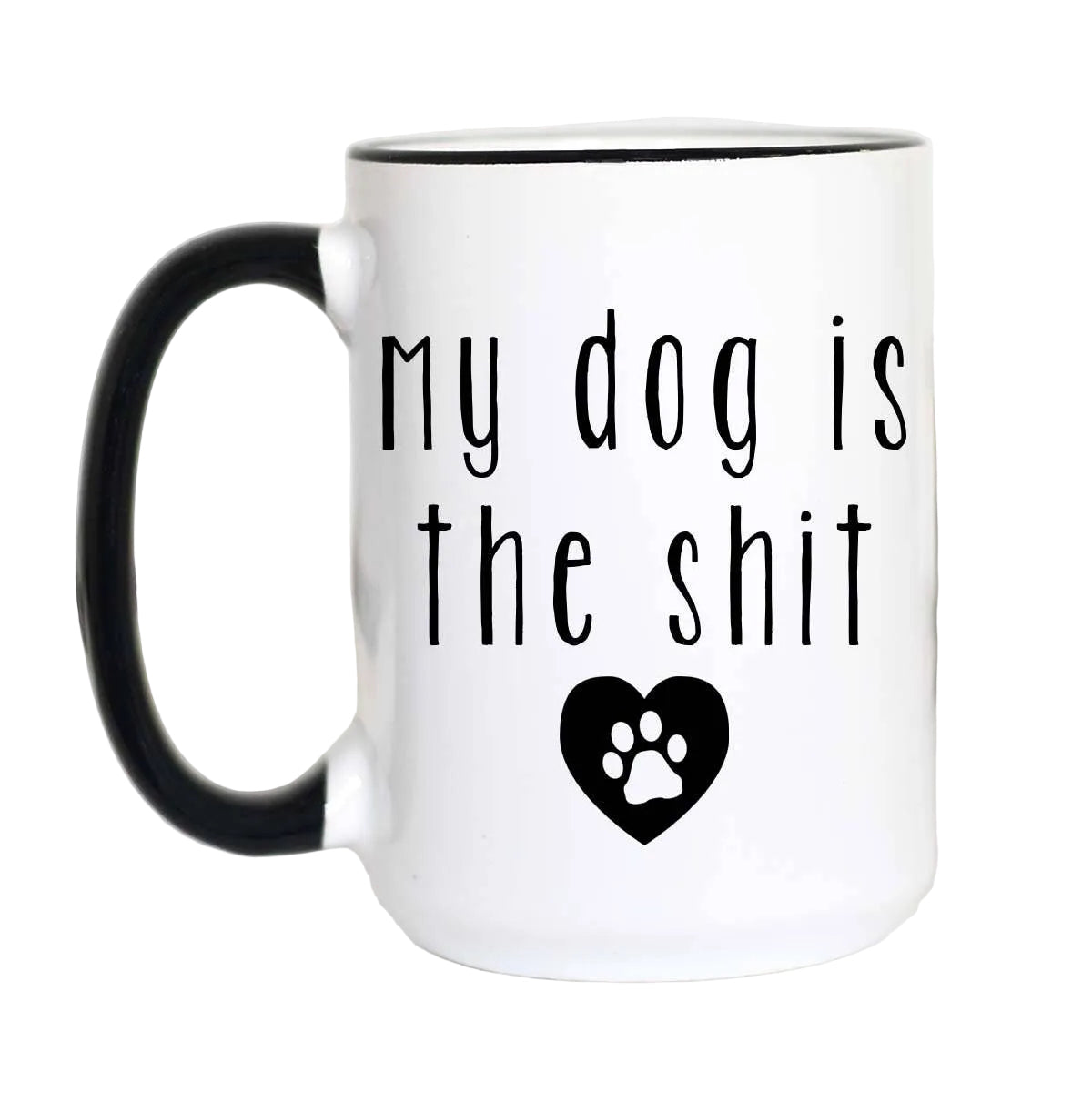 White mug with black text and paw print on a white background