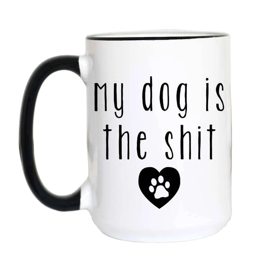 White mug with black text and paw print on a white background