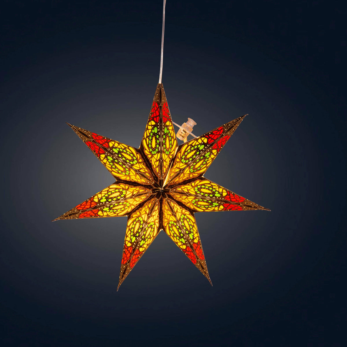 Fe Jama black w/ red / yellow / green Paper Star Lantern Light, - 7 Pointer 8 inch -