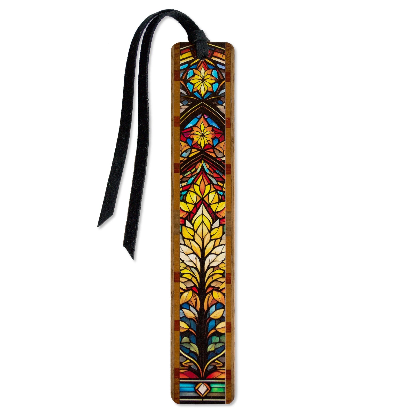 Colorful stained glass-style design on a wooden bookmark with a black ribbon.