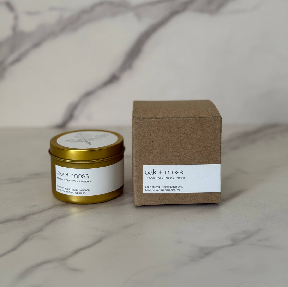 Oak + Moss 6oz Gold Tin Candle
