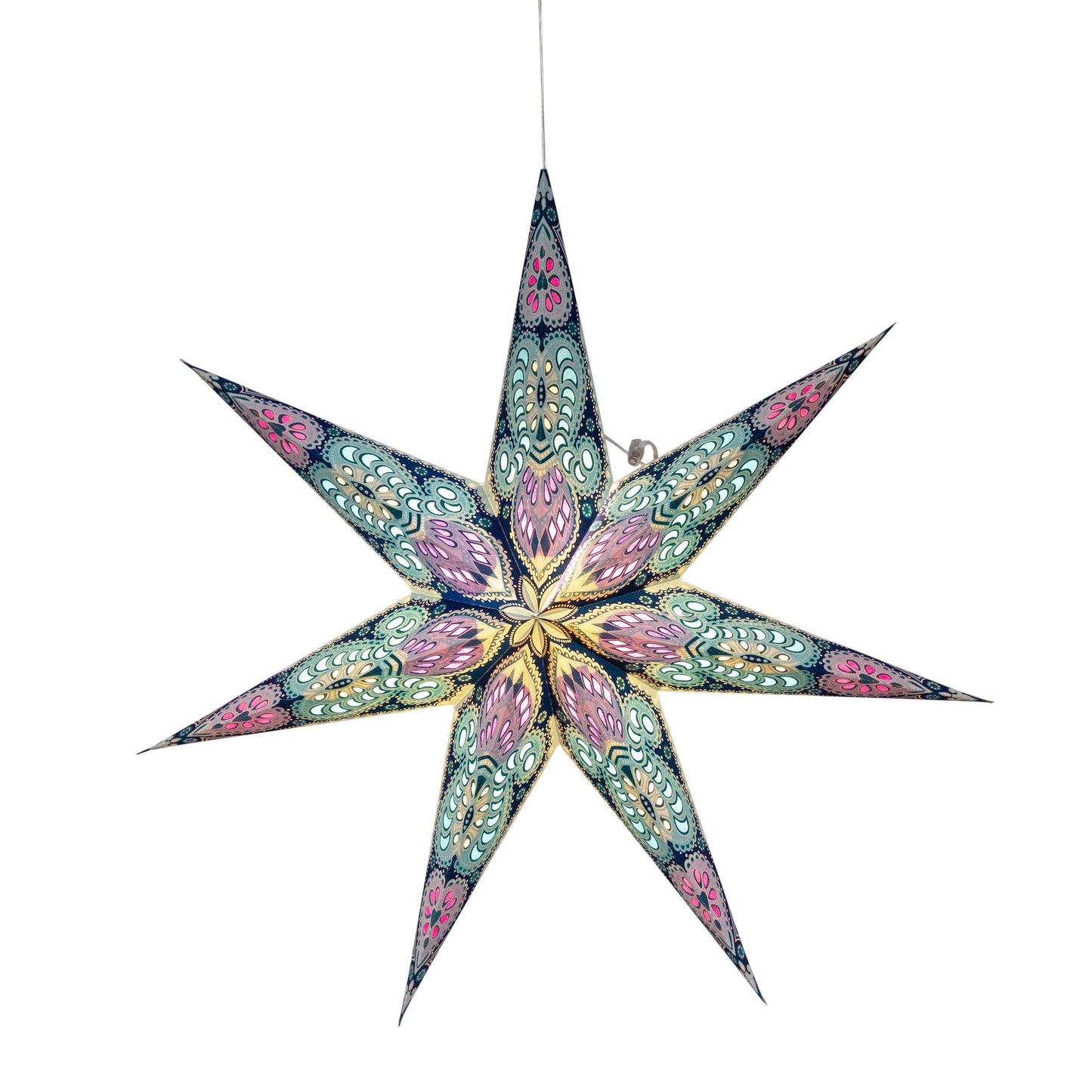 Phoenix 7 Point 23" Turquoise w/ Glitter Paper Star Lantern Light