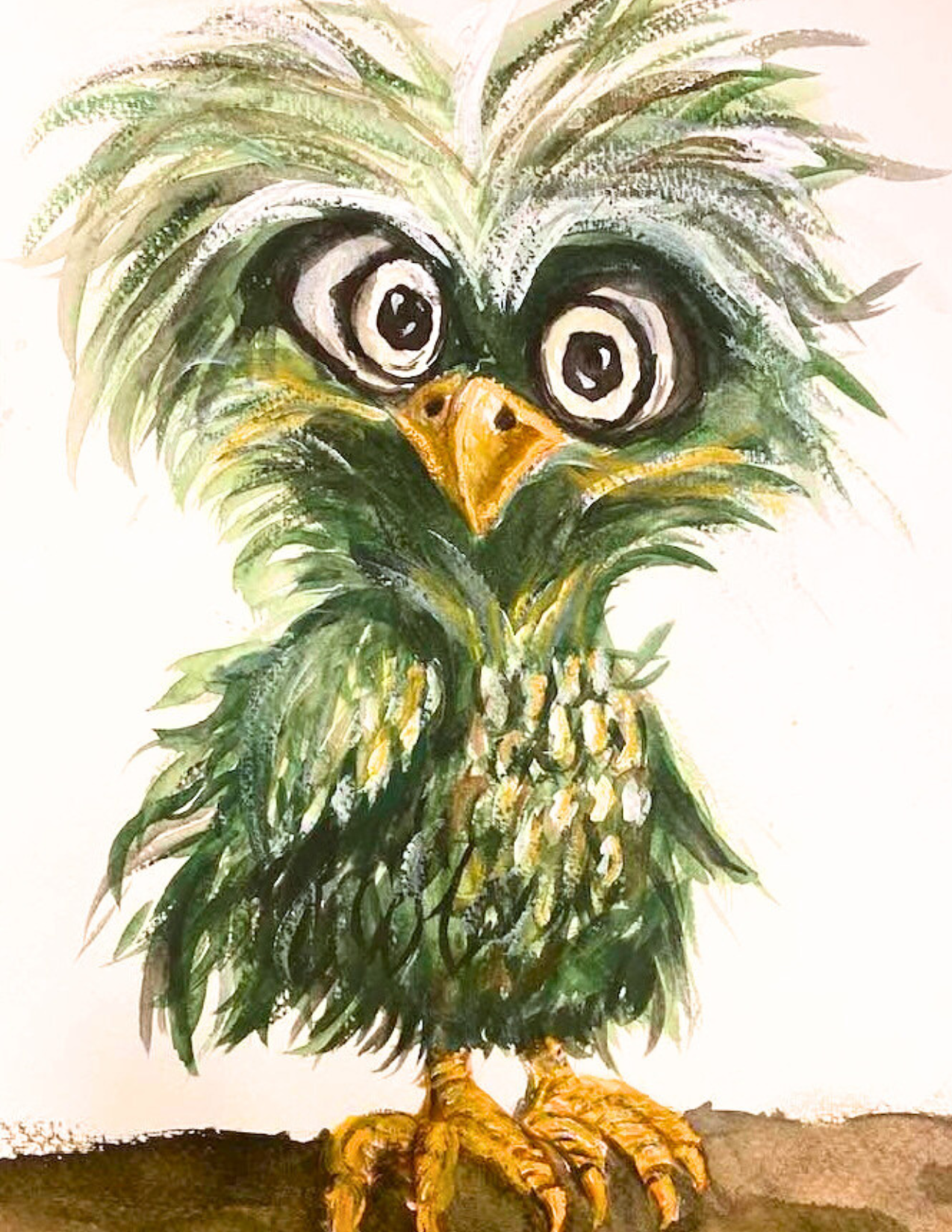 Whimsical illustration of a green bird with large eyes on a white background