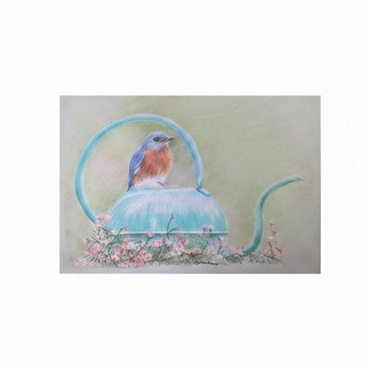 A pastel drawing of a small bluebird perched on a light blue kettle, with pink flowers around the base, shown on a white paper background.