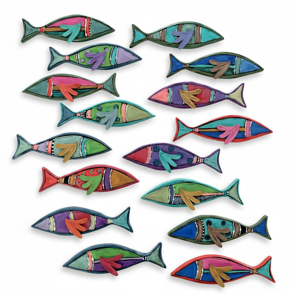 Colorful fish-shaped objects on a wooden surface