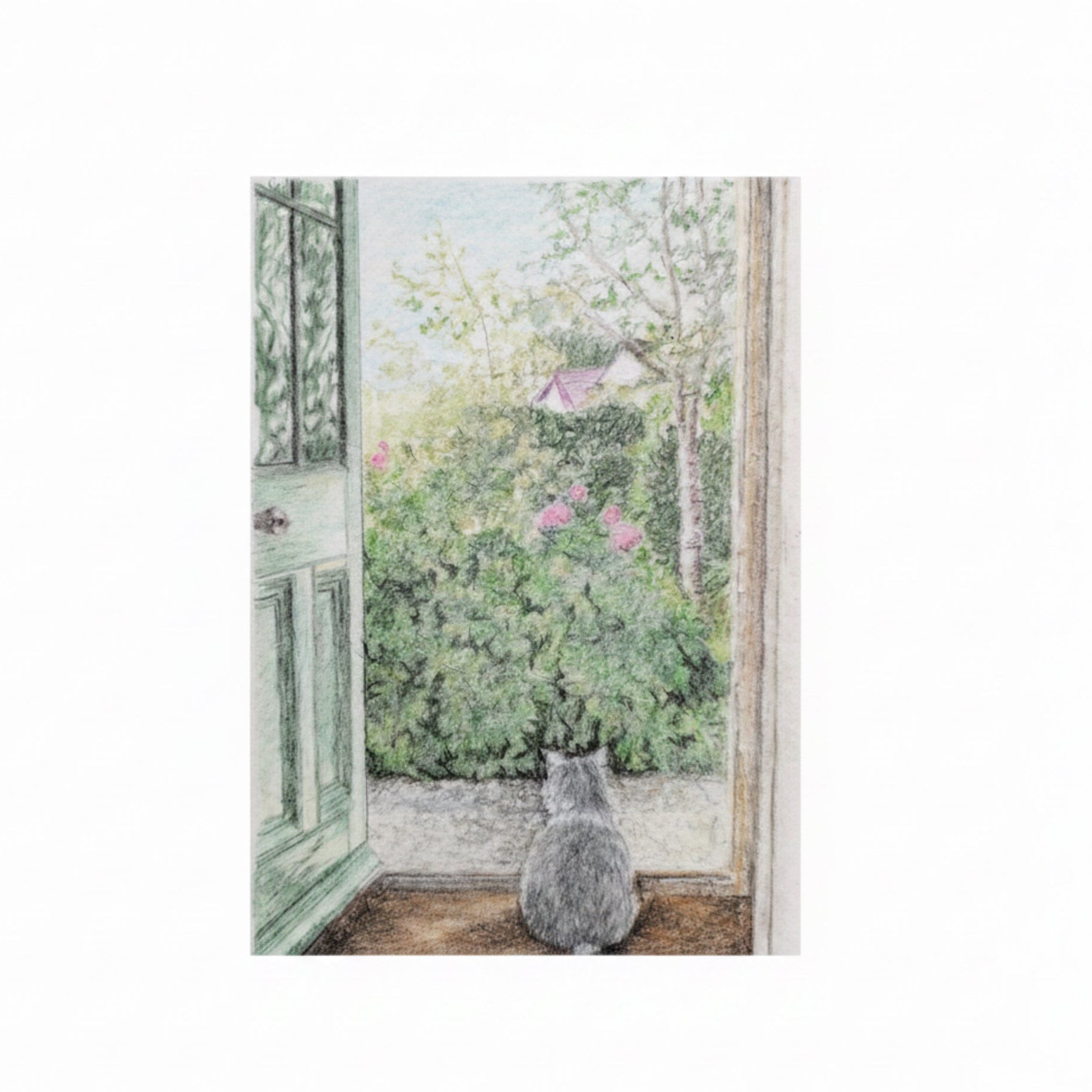 A pastel print of a gray cat sitting on a wooden floor, looking out through an open door into a garden with green bushes and pink flowers.