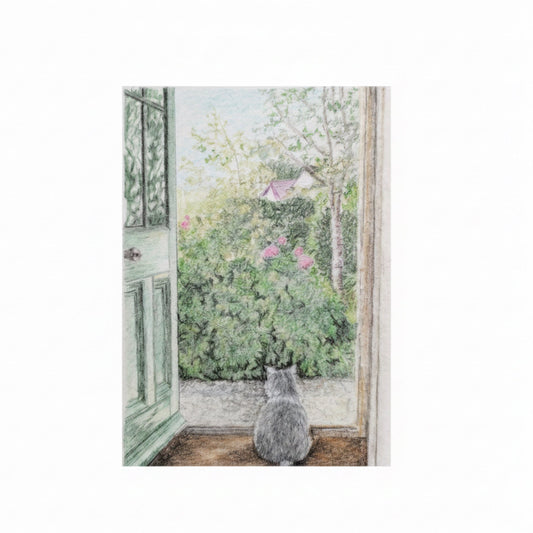 A pastel print of a gray cat sitting on a wooden floor, looking out through an open door into a garden with green bushes and pink flowers.