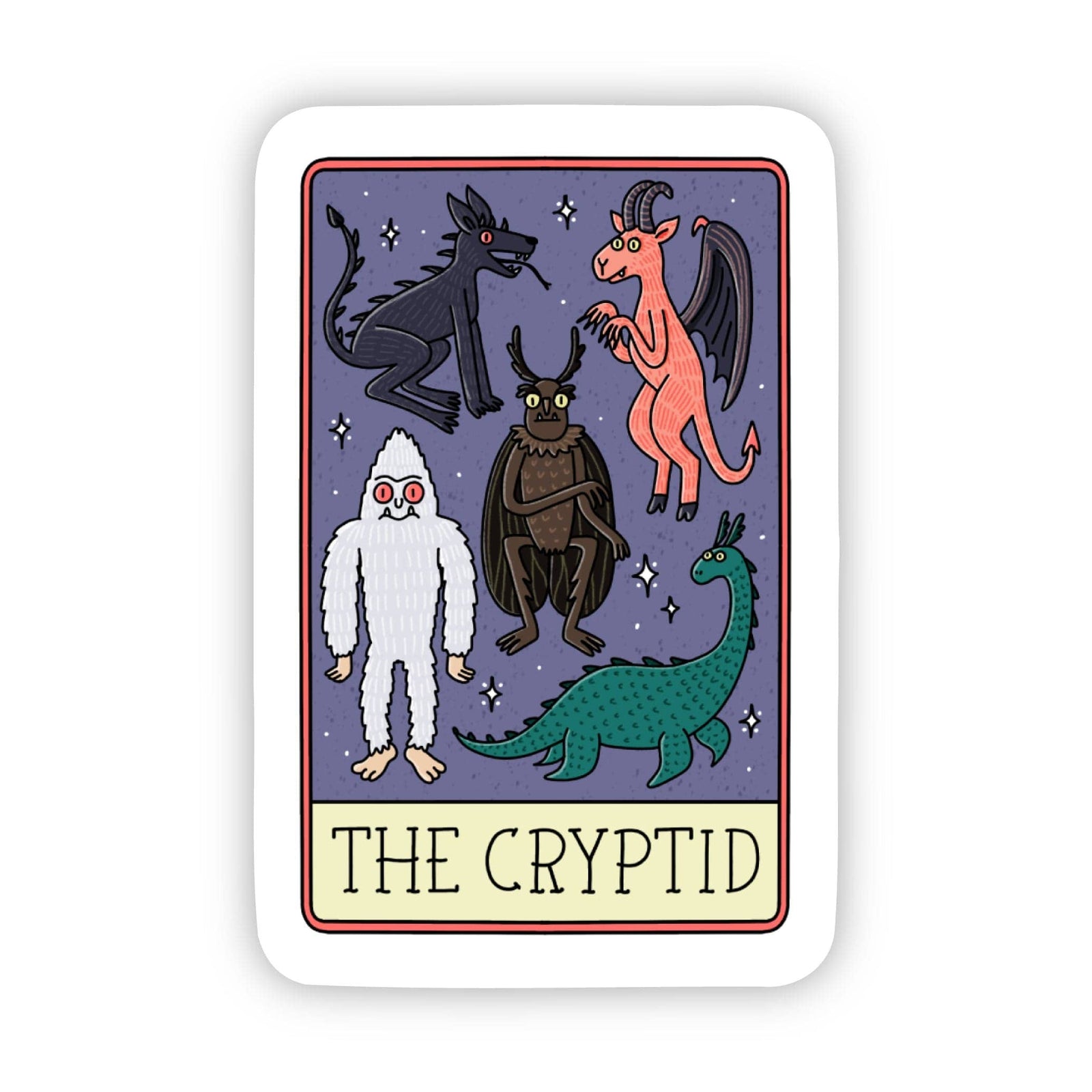 Card featuring illustrations of cryptids with 'The Cryptid' text on a purple background