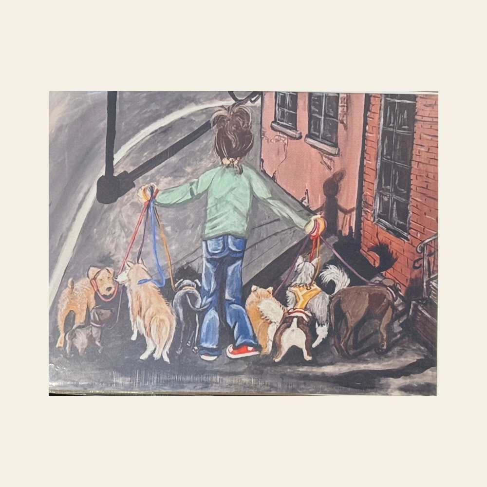 Illustration of a person walking multiple dogs on a city street.