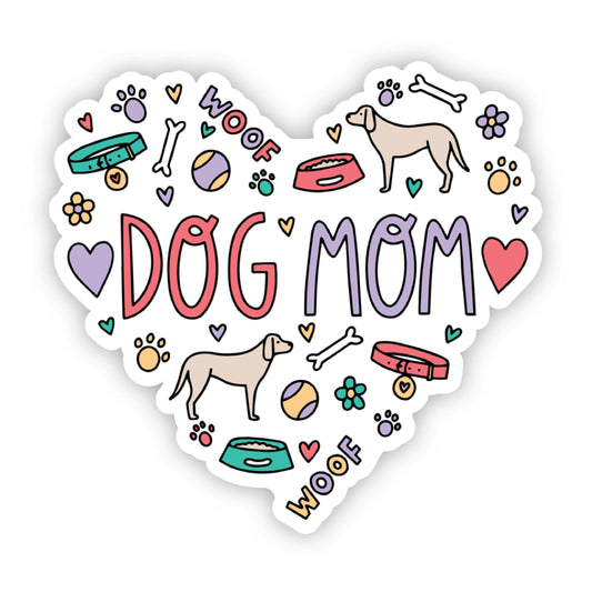 Heart-shaped sticker with 'DOG MOM' text and dog-related illustrations on a white background