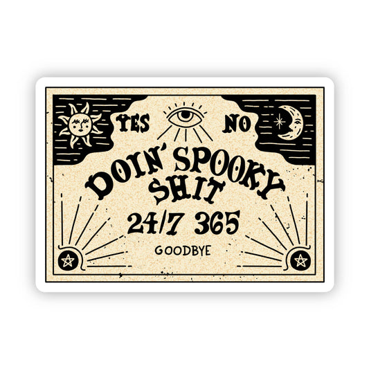 Vintage-style sign implying a Ouija board. Black text and symbols on a beige background