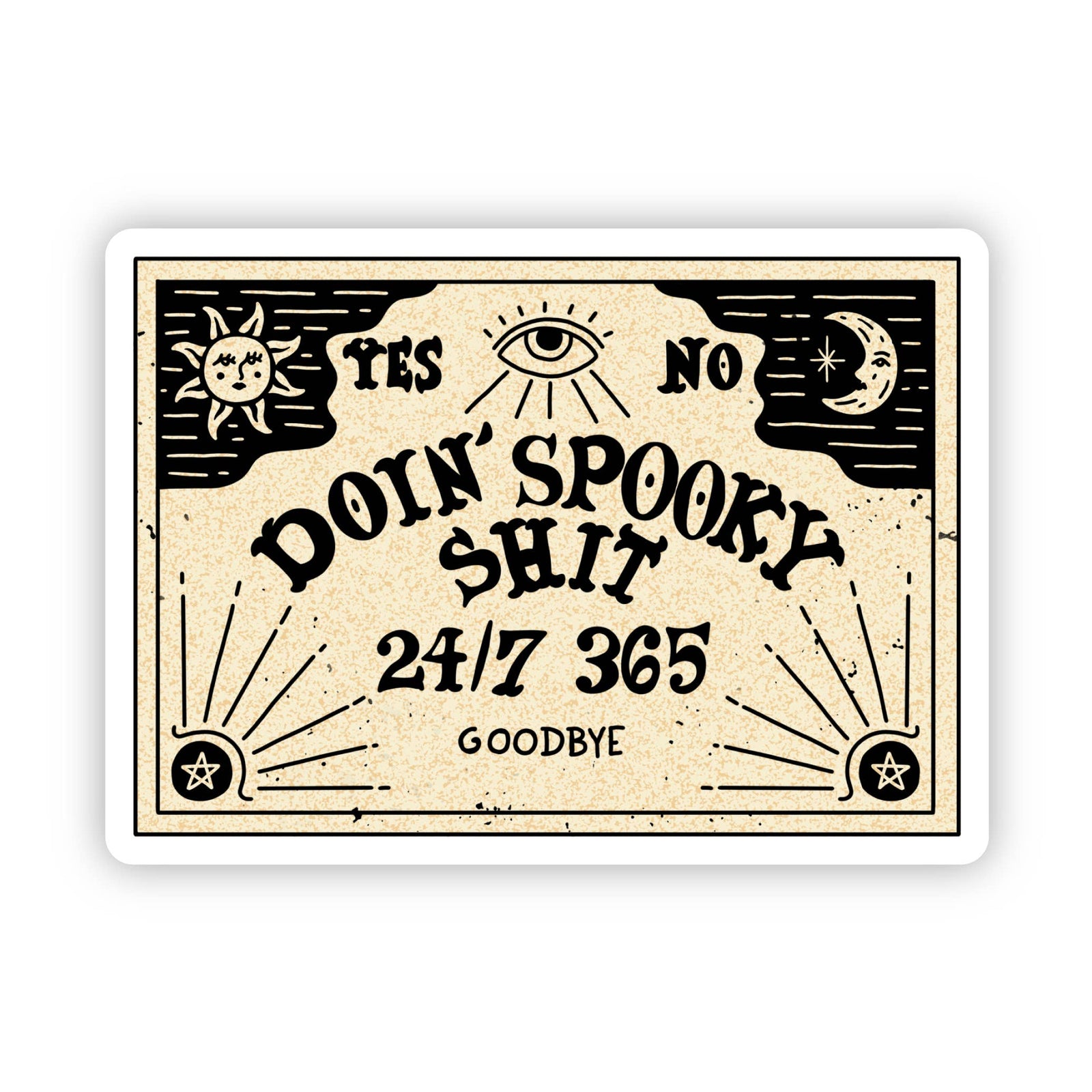 Vintage-style sign implying a Ouija board. Black text and symbols on a beige background