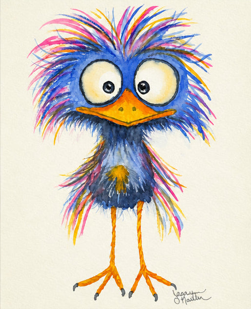 The artwork features a whimsical bird with large white eyes, blue and purple feathers, and an orange beak and legs.