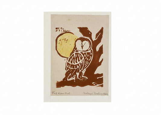 A brown owl and pale yellow full moon design on a white card