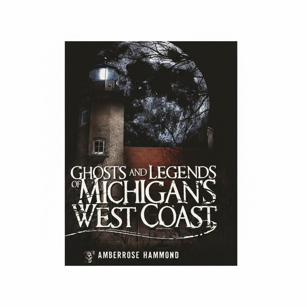 Book cover of 'Ghosts & Legends of Michigan's West Coast' featuring a dark and moody image of a lighthouse with trees and a cloudy sky.