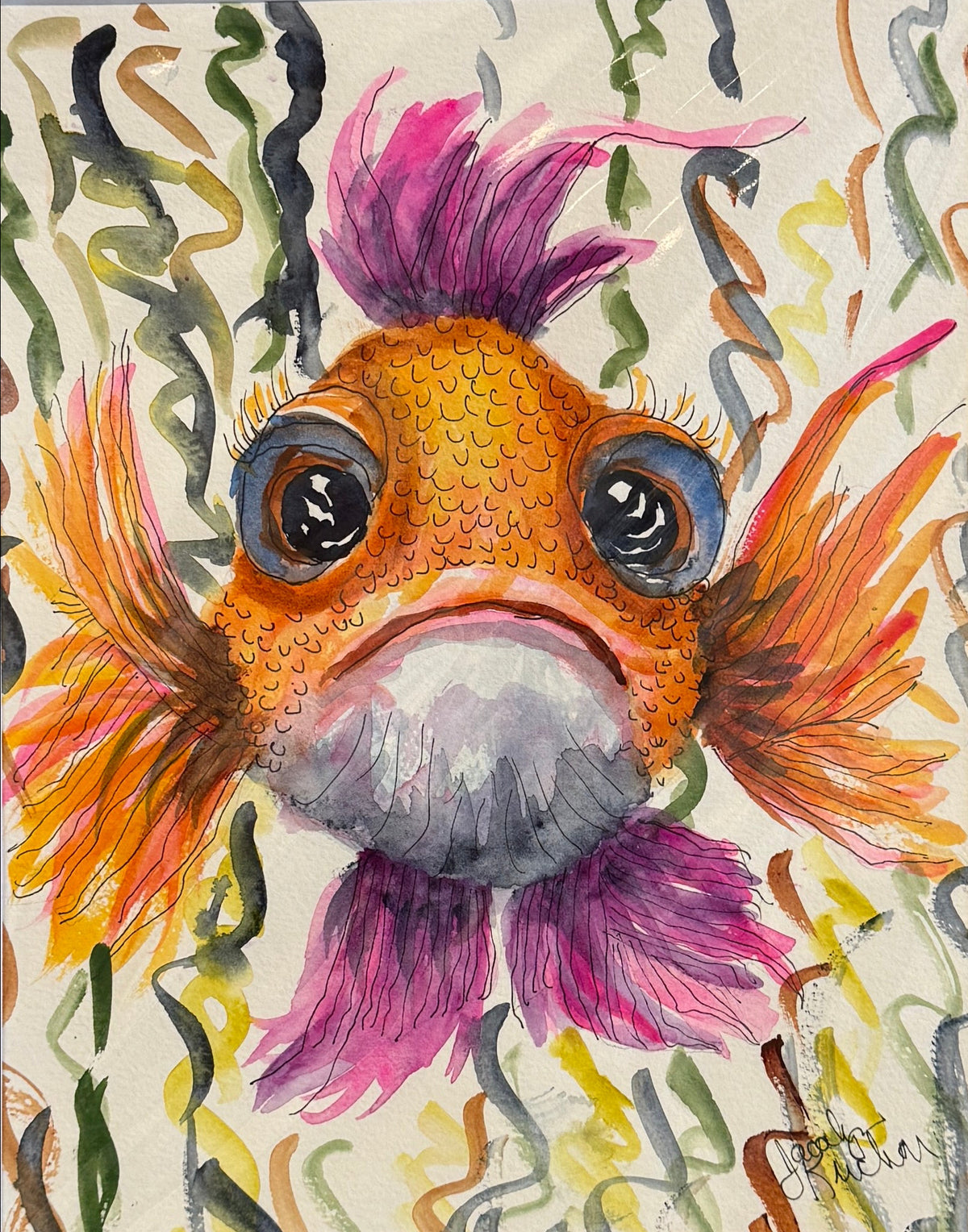 A colorful watercolor painting of a stylized fish face with large eyes, orange and yellow scales, and pink-purple fins.