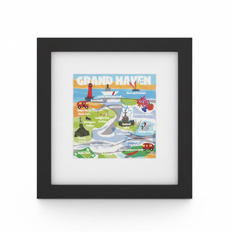 Framed colorful illustration on a wooden surface