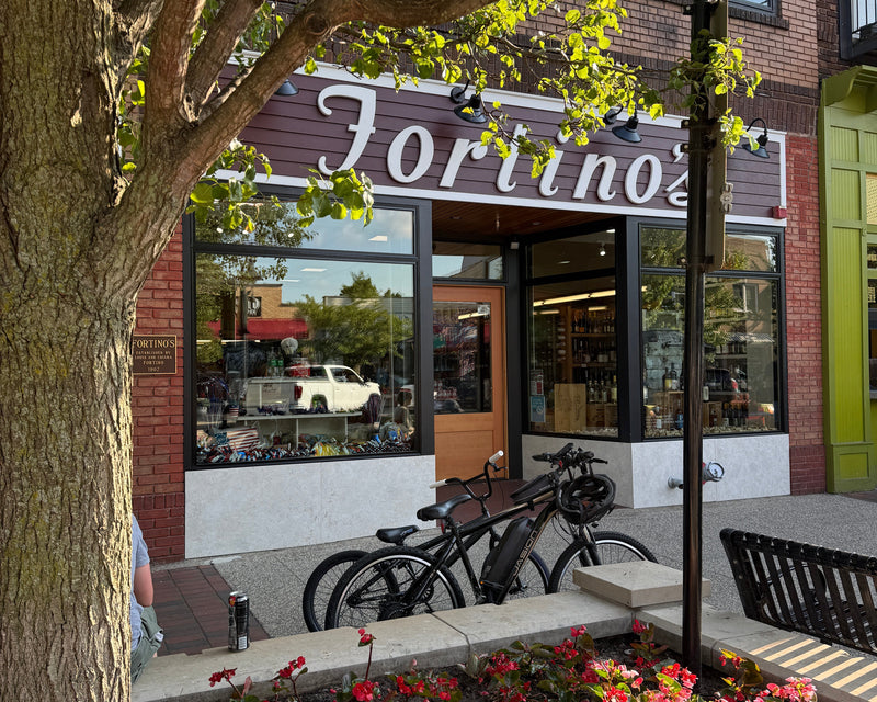 A storefront scene with a brick building, large windows, a sign reading Fortino's, two bicycles parked outside, a large tree trunk in the foreground, and a flower bed with red and pink blossoms.