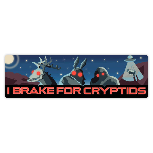 A vinyl bumper sticker with an illustration that includes a depiction of a creature resembling bigfoot, an alien, and more under a night sky with stars.