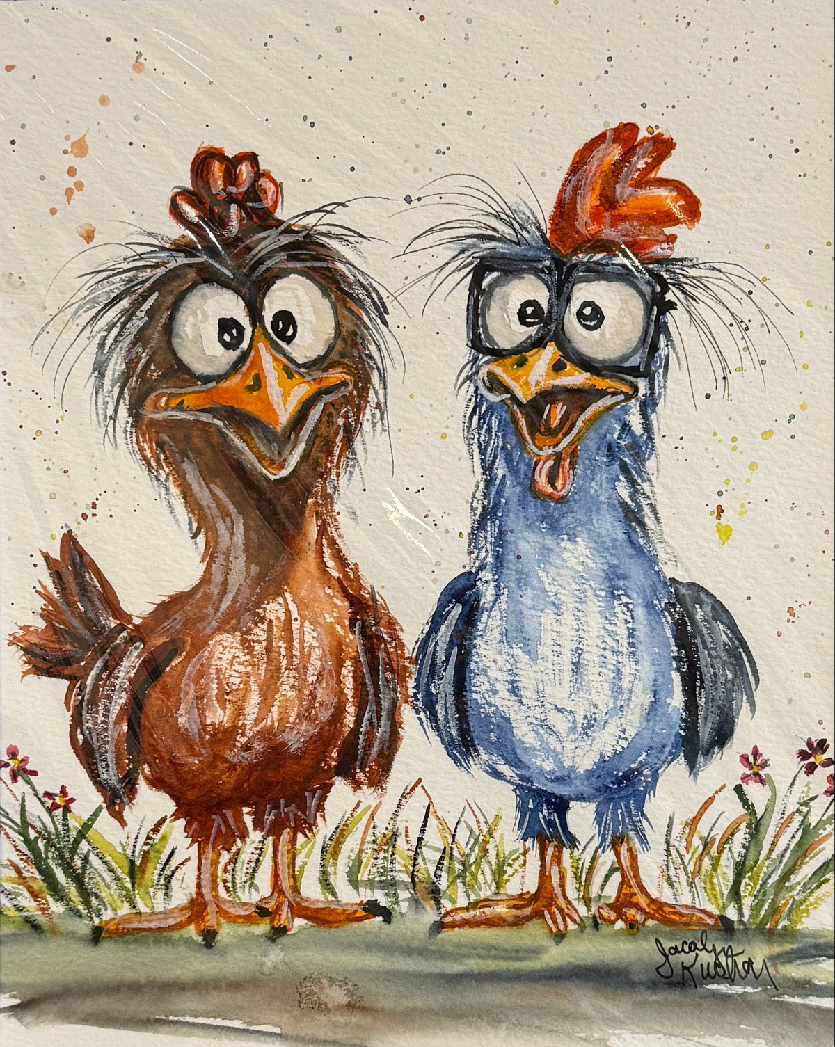 Art print featuring two cartoon chickens, one brown and one blue.