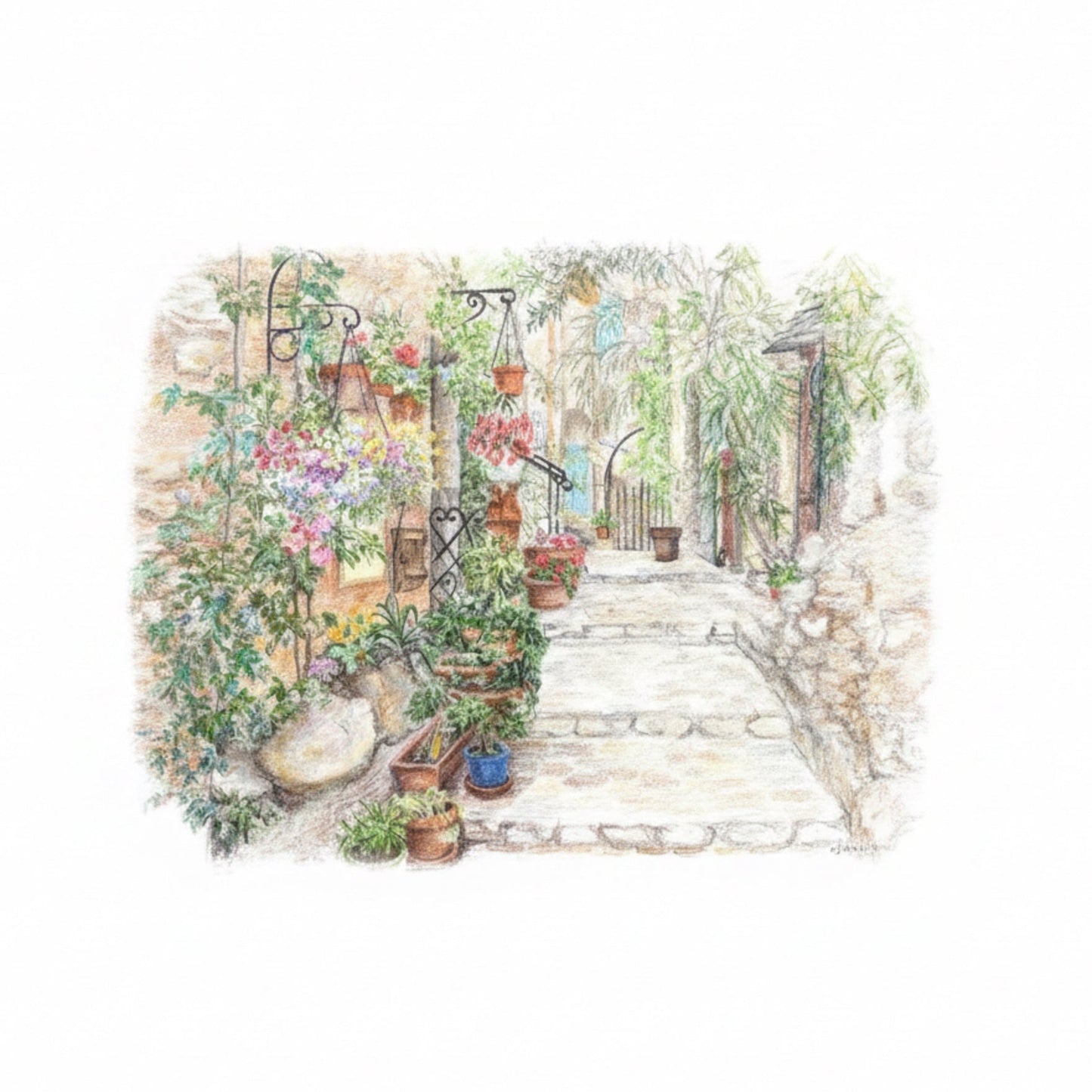 A print of a rustic stone pathway winding through a garden courtyard, adorned with potted plants, climbing vines, and colorful flowers.