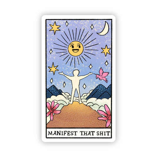Illustrated card with a sun, moon, and person with outstretched arms on a blue background.