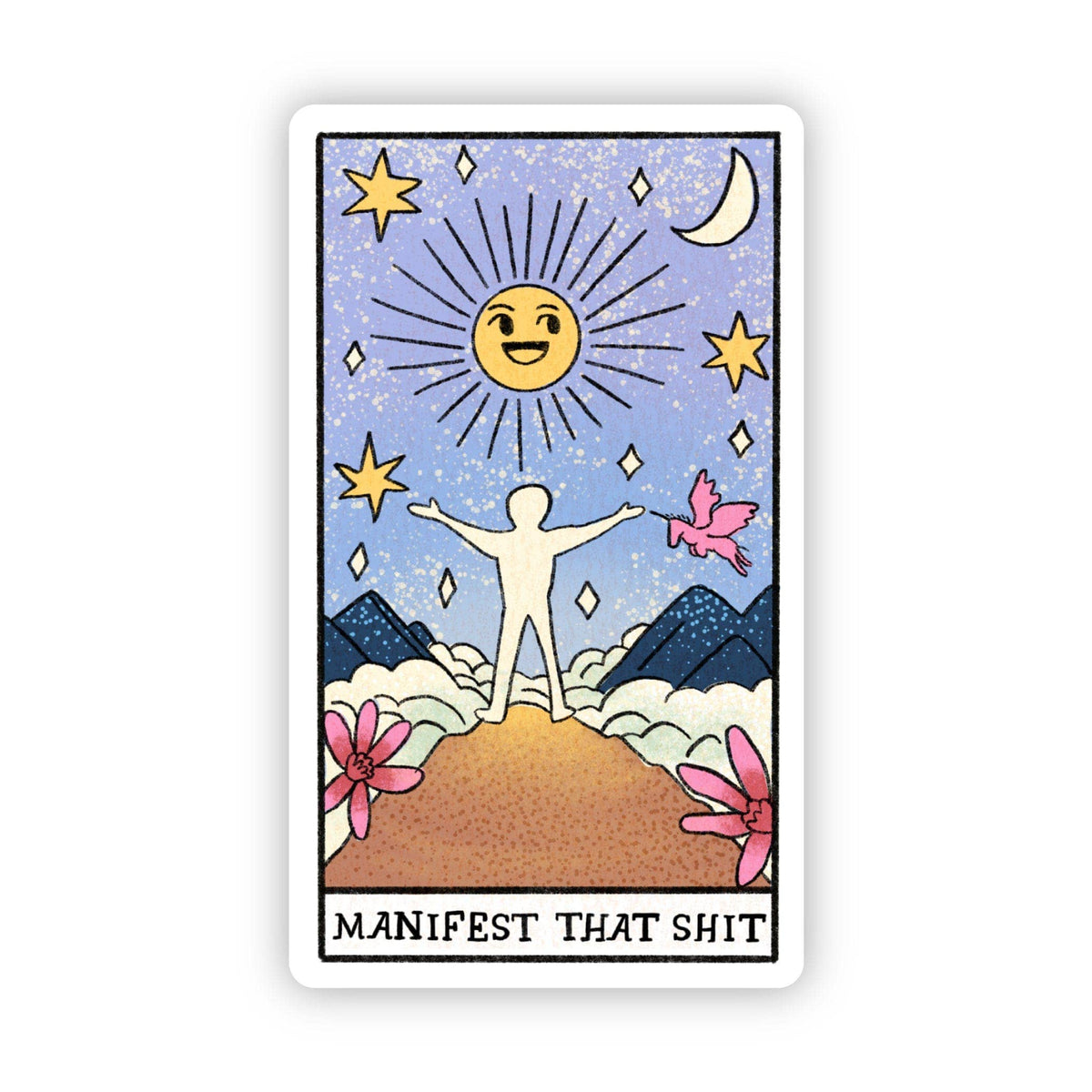 Illustrated card with a sun, moon, and person with outstretched arms on a blue background.